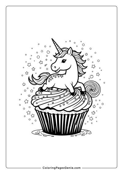 Playful Unicorn Jumping over a Cupcake Coloring Page