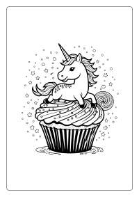 Playful Unicorn Jumping over a Cupcake Coloring Page