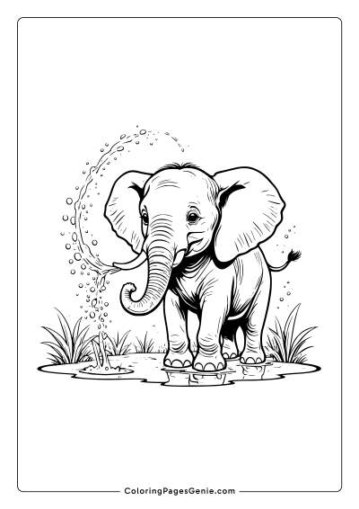 Cute Elephant Drinking Water Coloring Page