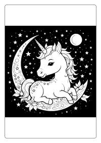 Unicorn Resting on a Moon Surrounded by Stars Coloring Page