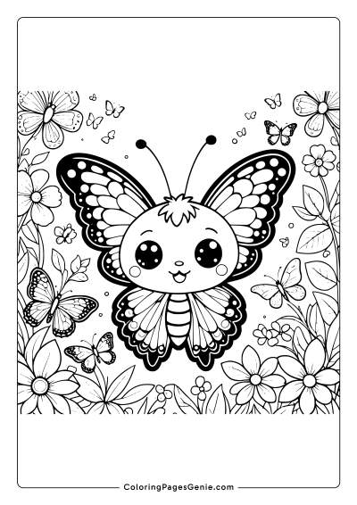 Cute Kawaii Butterfly with Friends Coloring Page