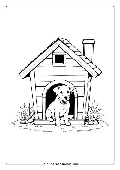 Dog Sitting by His House Coloring Page