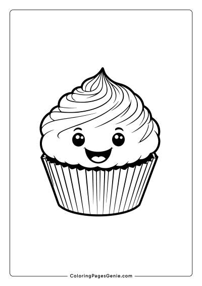 Cute Smiling Cupcake Coloring Page