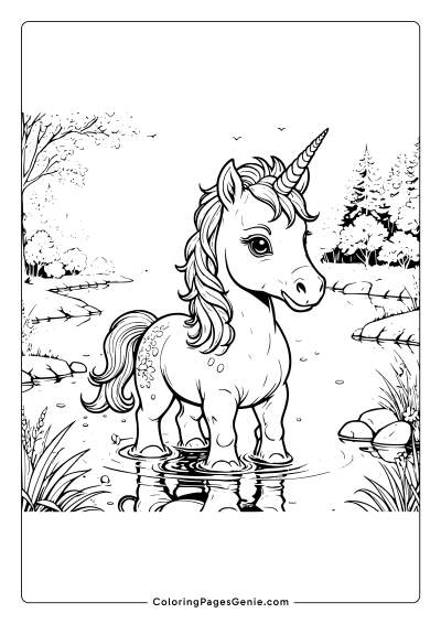 Unicorn by the Water Coloring Page