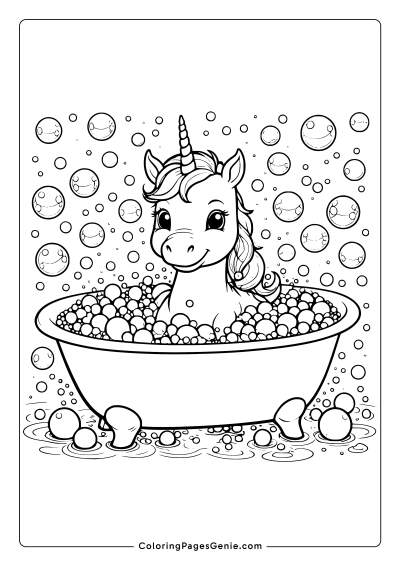 Unicorn in a Bathtub Coloring Page