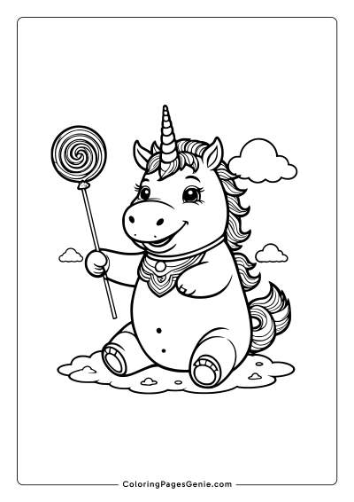 Baby Unicorn Holding a Lollipop Coloring Page