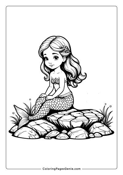 Cute Mermaid Resting on a Stone Coloring Page