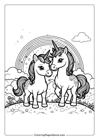 Unicorns Playing Under a Rainbow Coloring Page