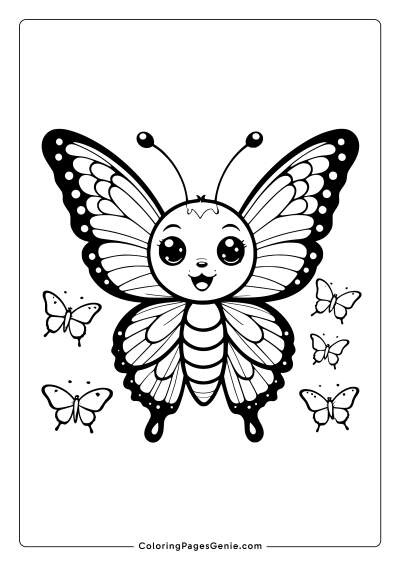 Cute Happy Kawaii Butterfly Coloring Page